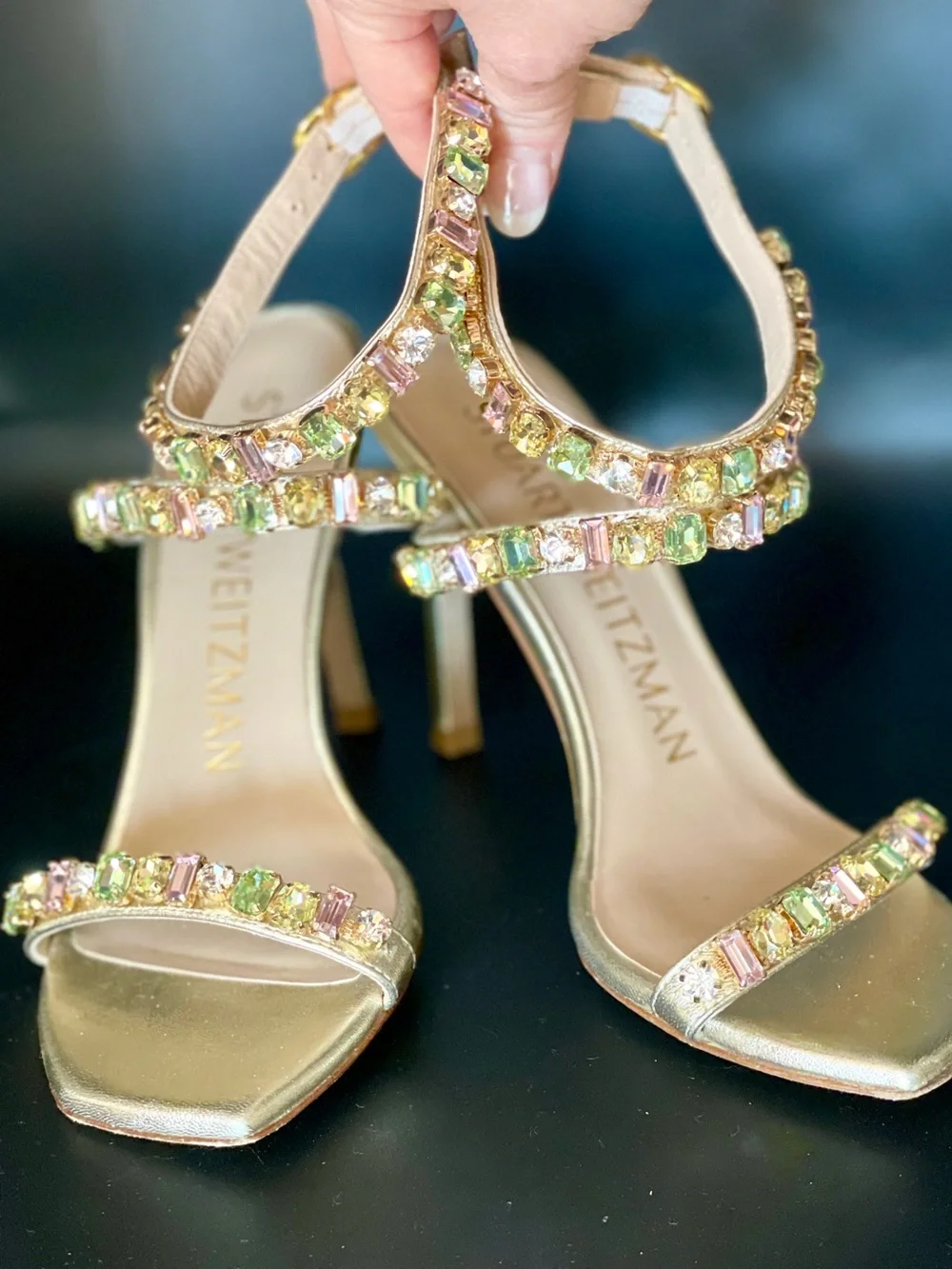 Stuart Weitzman Jaide 100 Gem Encrusted Metallic Sandal Gold Size 5